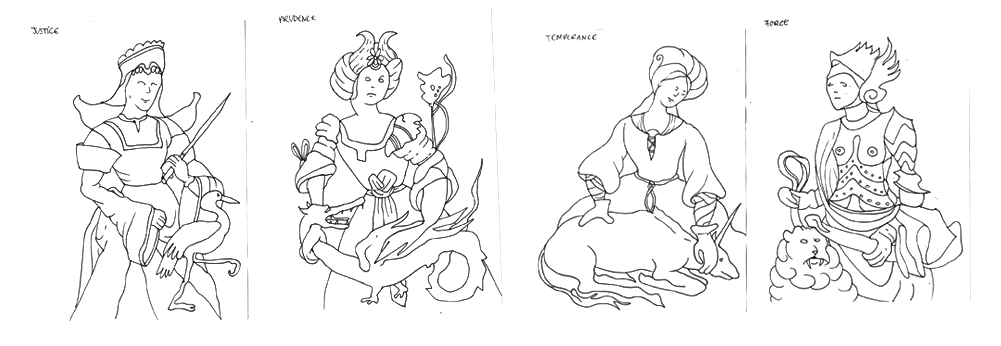 some of my early sketches from medieval representations of the four virtues