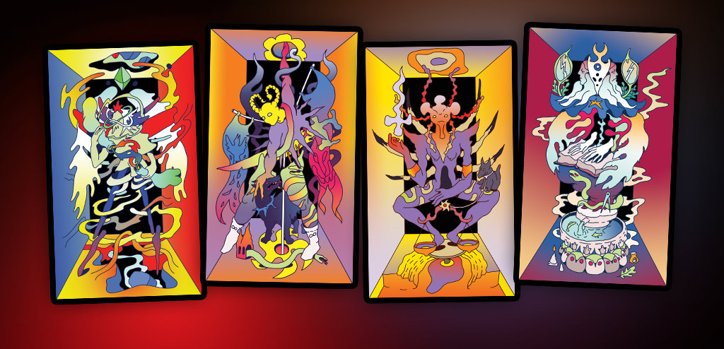 Four tarot cards : Justice, Temperance, Prudence and Force. All four cards have a similar backdrop : a cubic room where they stand, to frame them as a system of four cardinal figures